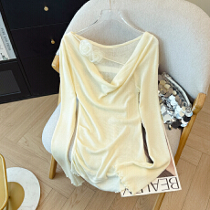 批发法式立体花朵荡领长袖<b class='q'>毛衣</b>女春季纯欲温柔绝美修身内搭针织打底衫