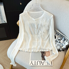 批发法式重工钉珠立体花朵v领针织衫女夏装新款气质修身薄款防晒上衣