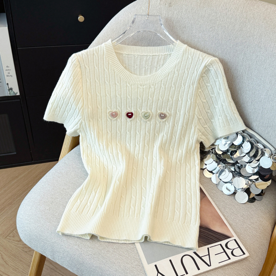 RY70114# 法式立体心心针织衫夏季新款麻花短袖绝美显瘦小衫奶系温柔风上衣