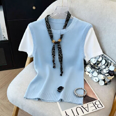 批发撞色假两件马甲拼接针织T恤女设计丝巾圆领惠针织衫宽松短袖上衣