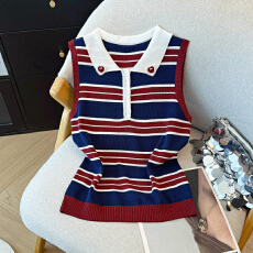 批发复古撞色条纹POLO领无袖针织衫女2026新款夏装修身显瘦冰丝上衣服