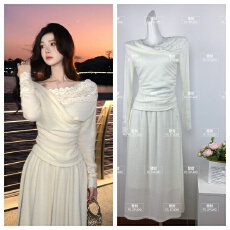 批发木子李的李暮纱雪缕法式长袖针织<b class='q'>蕾丝</b>拼接上衣垂感半身裙<b class='q'>套装</b>