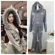 批发新款韩版时尚毛领连帽卫衣外套+高腰修身显瘦休闲喇叭<b class='q'>裤</b><b class='q'>套装</b>