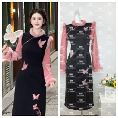 批发加绒加厚粉鸾星动新中式蝴蝶<b class='q'>绣花</b><b class='q'>连衣裙</b>假两件黑撞粉旗袍裙
