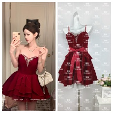 批发Catyears猫年 罗曼蒂克~圣诞主题小礼裙 复古红<b class='q'>丝绒</b>连衣裙+腰封