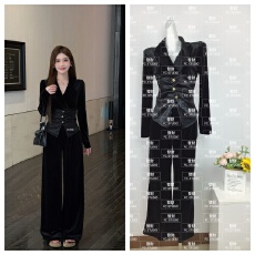 批发奢宠主角雾中芭蕾V领<b class='q'>丝绒</b>拼接纽扣显瘦上衣直筒裤<b class='q'>套装</b>