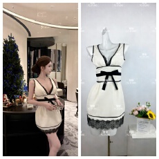 批发kubiliv赫本小姐法式复古深v领蕾丝拼接<b class='q'>蝴蝶结</b>撞色收腰<b class='q'>连衣裙</b>