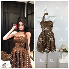 批发Barb Chill2026新品单件复古波点辣妹抹胸<b class='q'>连衣裙</b><b class='q'>收腰</b>短裙