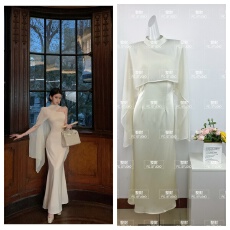 批发JAYKY YANG月光舒曼圆领卷边雪纺罩衫斜肩直筒<b class='q'>收腰</b>连衣裙套装