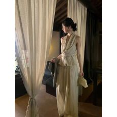 批发从一时刻【方寸】简约感条纹套装绑带收腰V领上衣阔腿裤外搭开<b class='q'>衫</b>