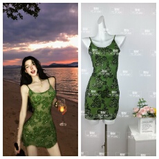 批发灰尘邓邓 度假吊带连衣裙女2026早春新款法式<b class='q'>性感</b>包臀裙亮片裙