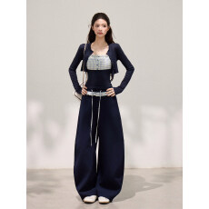 批发谢不肉 格纹拼接吊带背心短<b class='q'>款</b>开衫<b class='q'>女</b>春季休闲长裤套装52352/52353