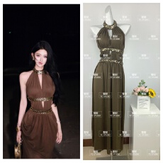 批发JAYKY YANG暮色浮光橄榄绿V领镂空<b class='q'>挂</b><b class='q'>脖</b>长裙女重工珠片<b class='q'>连衣裙</b>