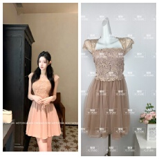 Hotdog 热狗很辣粉荔鎏光法式蕾丝拼接收腰网纱小飞袖连衣裙