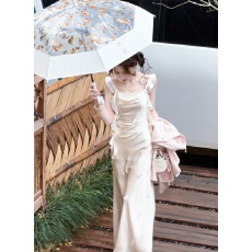 批发婷婷月落霜华醋酸 赵露思改良纯欲吊带裙