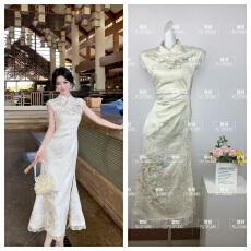 批发Blovelan青鸟衔芳 新中式重工花鸟刺绣提花<b class='q'>改良</b><b class='q'>旗袍</b>蕾丝拼接长裙