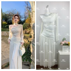 批发2026夏法式长袖度假网纱拼接<b class='q'>连衣裙</b>气质斜领包臀裙