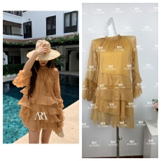 批发乌木甜茶法式轻柔飘逸<b class='q'>喇叭袖</b>荷叶边慵懒风蕾丝<b class='q'>连衣裙</b>