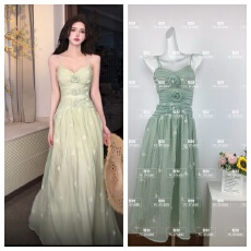 批发薄荷甜茶/吊带花朵收腰长款<b class='q'>连衣裙</b>