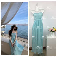 批发2026<b class='q'>欧美</b>纯色抹胸长裙性感气质收腰显瘦风琴百褶优雅裙子