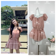 批发Hotdog 热狗很辣玛格丽特褶皱荷叶边连衣裙少女感肉桂粉<b class='q'>短裙</b>