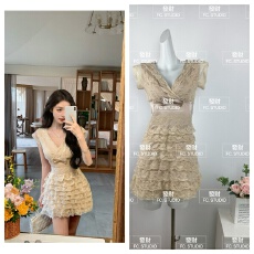 批发2026JustQin 午后甜茶新夏装蝴蝶结V领<b class='q'>短裙</b>性感收腰连衣裙