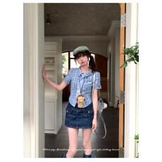 批发桃汽少女 织物猪原创 学院风蓝色格子<b class='q'>衬衫女</b>夏季修身显瘦<b class='q'>牛仔</b>短