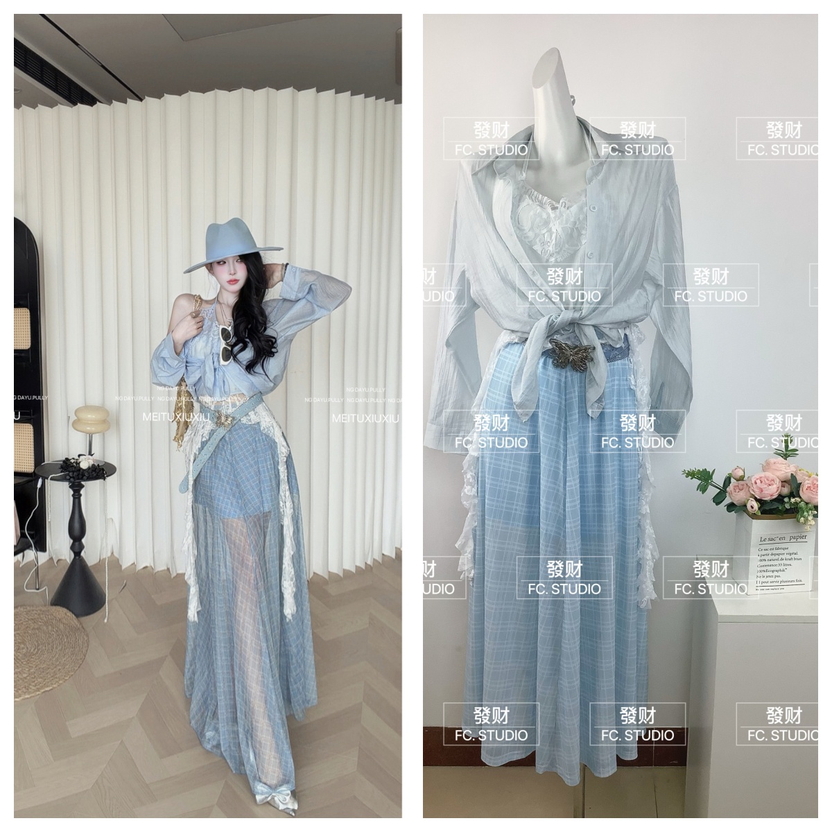 ng dayu 황혼 특히 플러스 이익 직접 만든 페이크 레이어드 레이스 자외선 차단 셔츠 망사 체크무늬 반신 롱 스커트