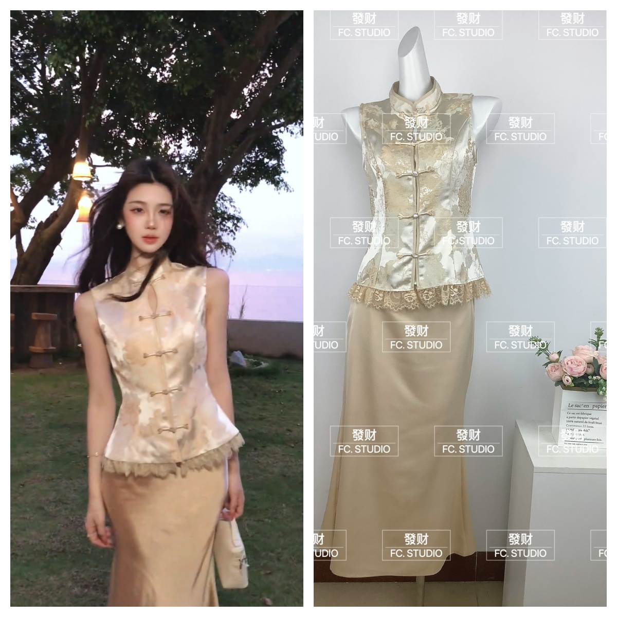 무쯔리 목자이 ~ 중 리 2026 새로운 중식 민소매 무늬 맨위 외출용 조끼 여성 여름 하이웨이스트 반신 스커트