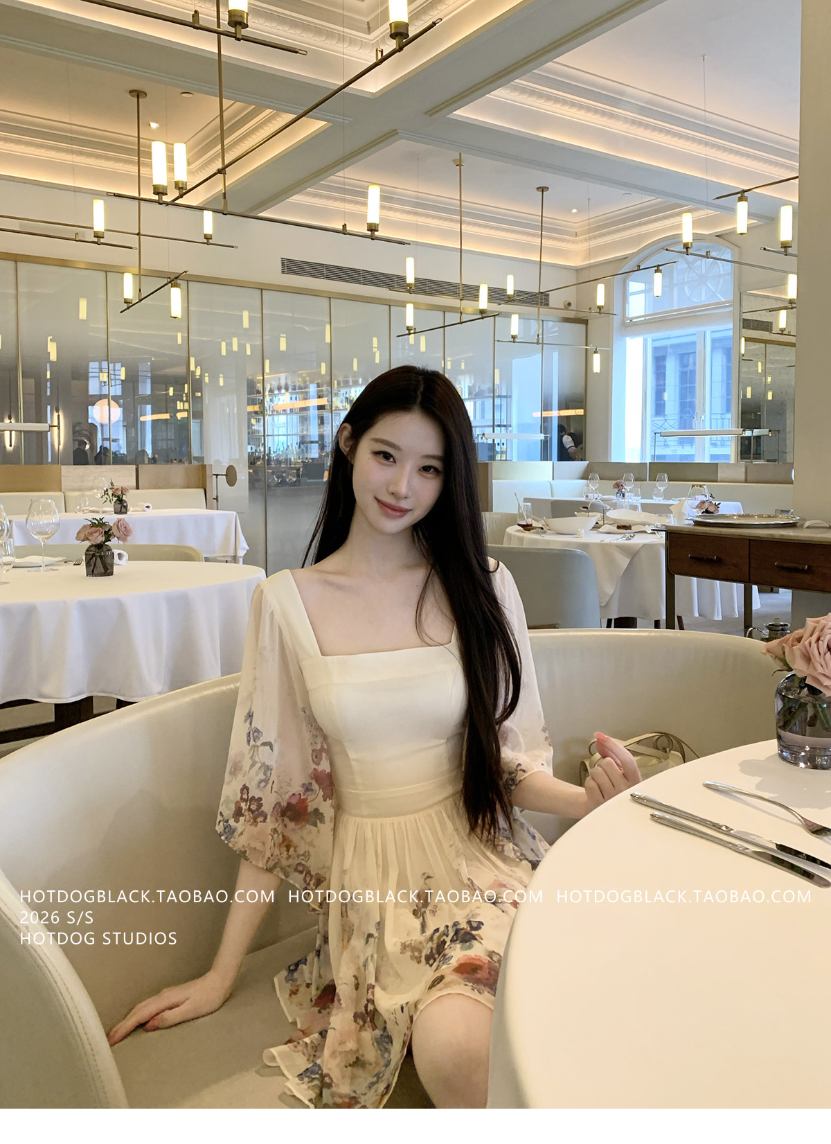 hotdog 핫도그 매우 매운맛 绯 꽃 일몰 7부 소매 광장 칼라 드레스 아이들 원 웨이 품격 미니 스커트