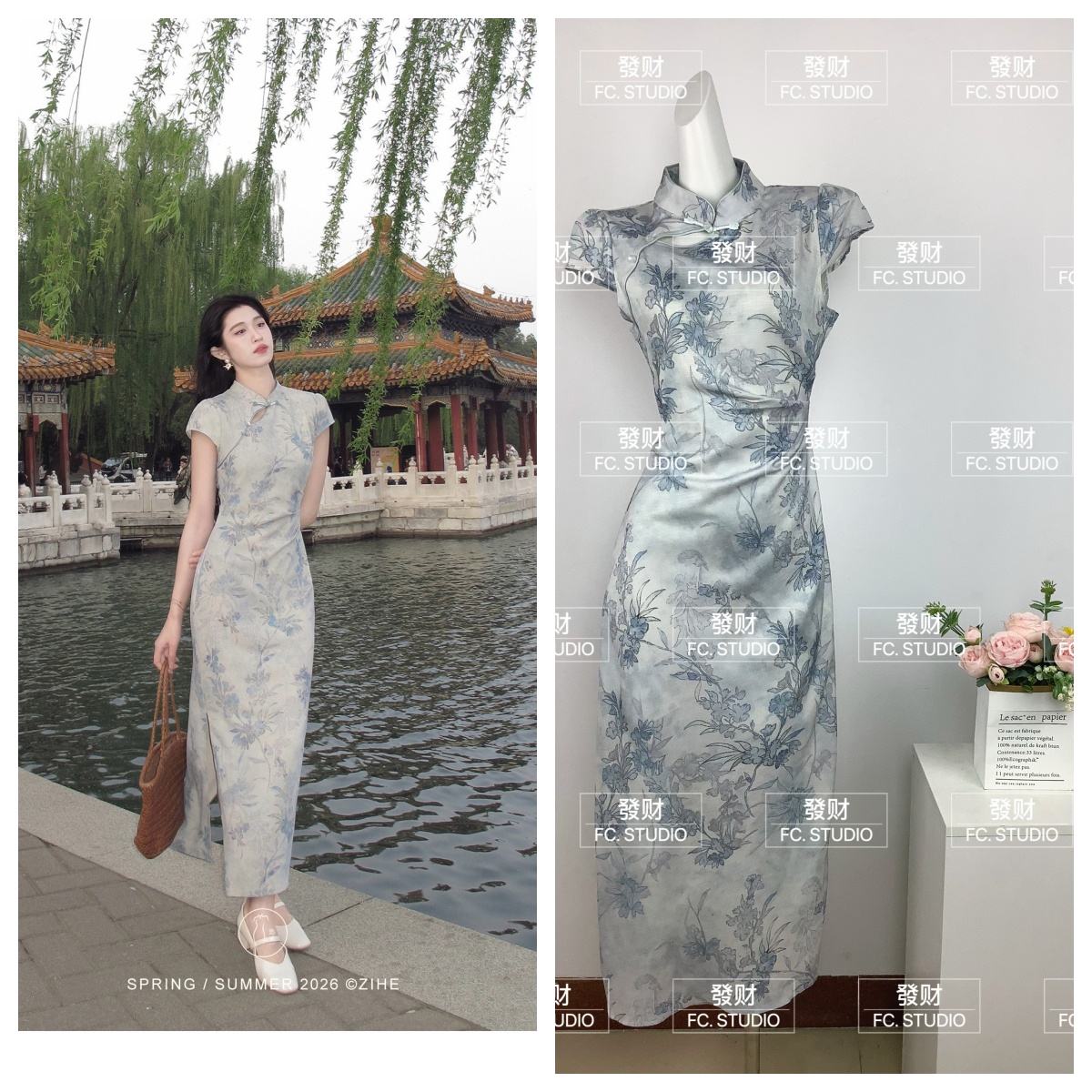 링 茜 거만한 와우 녹색 블루 수묵화 새로운 중식 프린트 치파오 여성 봄 여름 감기 센스 몸매 가꾸기 반팔 드레스