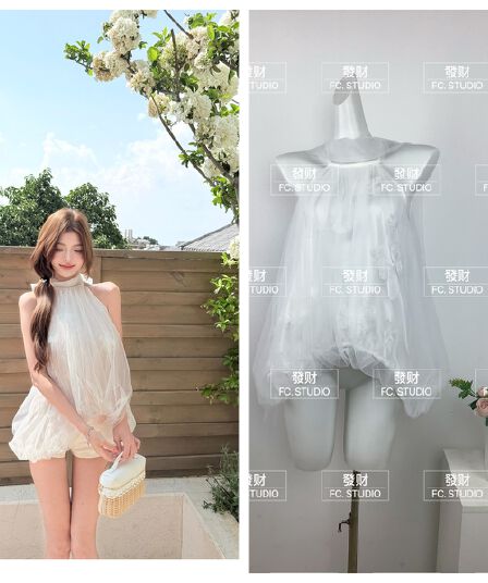 브 룩 스  유명 무거운 작업 다이아몬드 세팅 행침 목 망사 민소매 드레스 레트로 프랑스식 품격 섹시함 망사 짧은