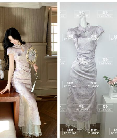 blovelan 부드럽게 보라색 금 품격 원 웨이 보라색 자카드 핀치 Pleat 허리 수축 새로운 중식 개선 치파오 롱 스커트