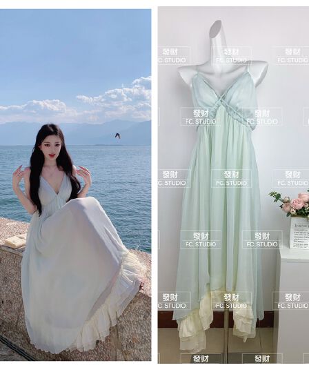 jayky yanga1berta 26 이른 봄 프릴 치마 한 마디 드레스 V넥 슬립 롱 스커트