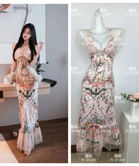 봄날 사역 얕은 분말 꽃 라임 프랑스식 순수한 욕망 바람 여름 인어 꼬리 드레스
