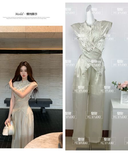 무쯔리 목자이 ~ 중 리 대나무 커튼 서식지 부드러운 디자인 센스 레이스 조각 마이크로 ~을 통해 레이스업 맨위 주간 실크 와이드 레그 팬츠 세트