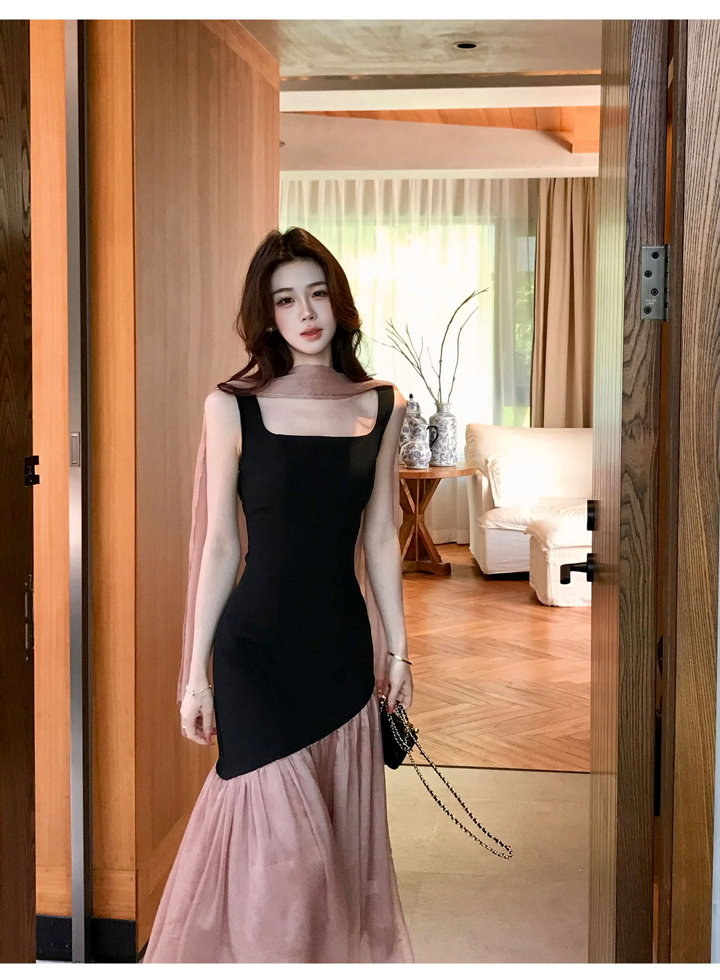 무쯔리 목자이 ~ 중 리 黛 분말 잉 어깨 디자인 센스 니트 패치워크 쉬폰 드레스 민소매 광장 칼라 인어 꼬리 롱 스커트