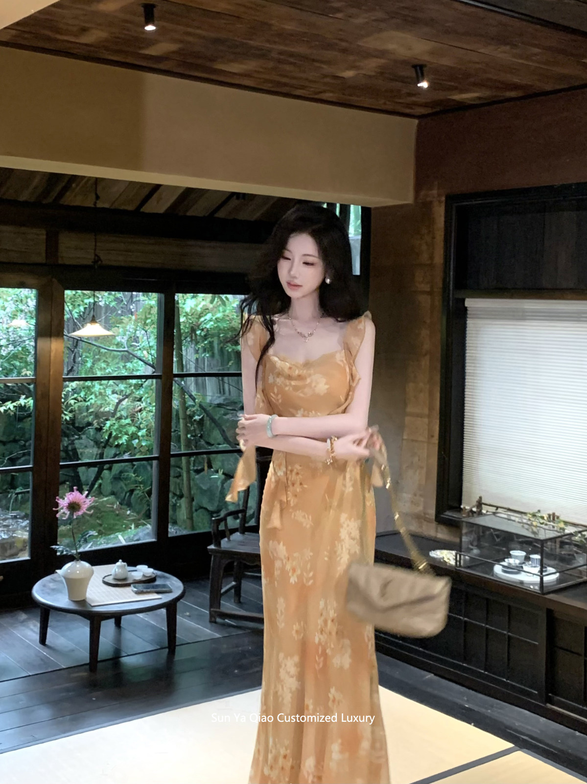 sun 우아한 조 春水 응축수 여름 Feifei 소매 원피스 프릴 쉬폰 프린트 원피스 점프 슈트 미니 스커트