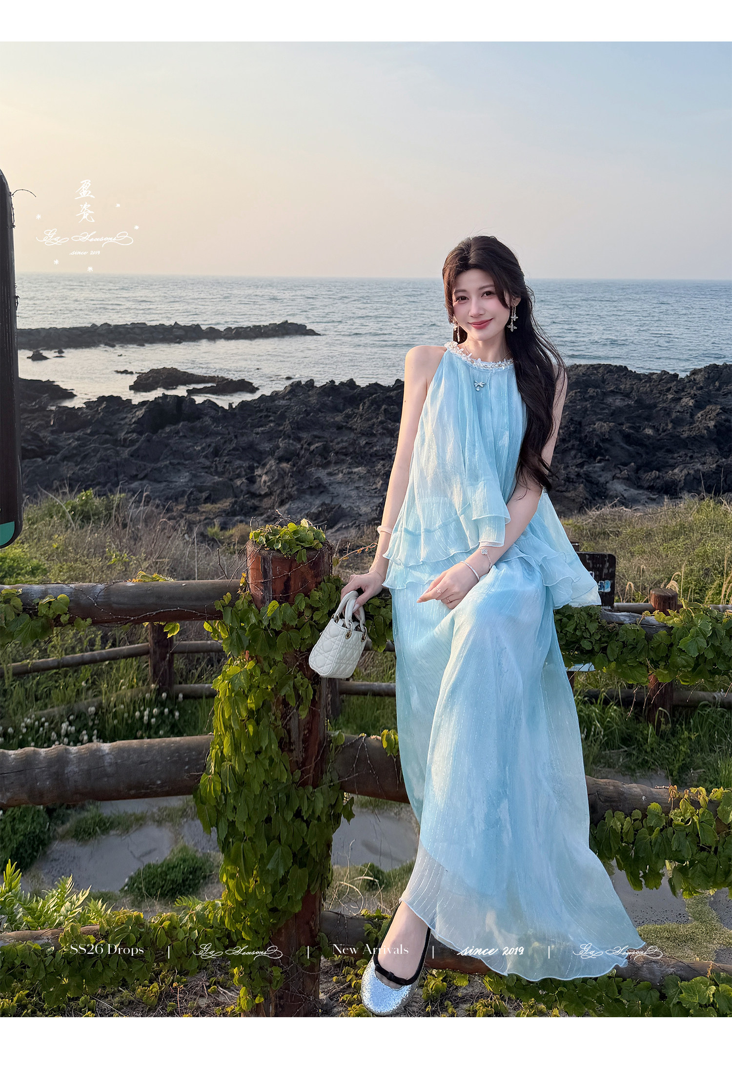 잉여금 도자기 실크 5 13 20 00 켜기 새로운 블루 안개 소문 뽕나무 누에 실크 금은 페이크 레이어드 행침 목 드레스