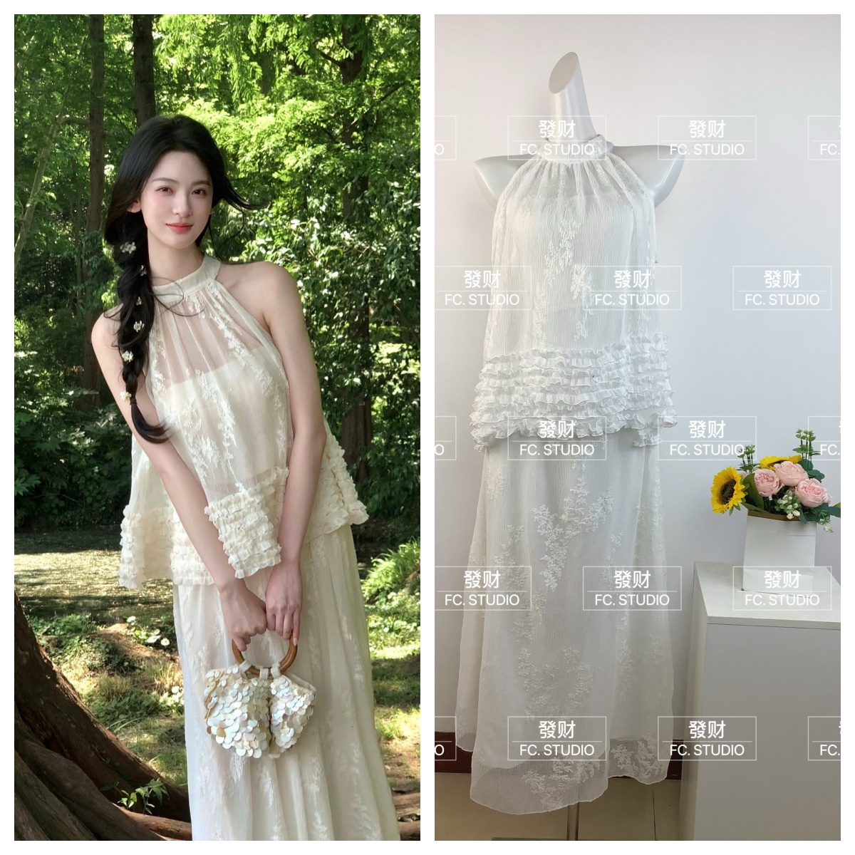 하나부터 순간 향나무 부드러운 바람 새로운 중식 행침 목 절단 어깨 의류 하이웨이스트 질감 센스 반 스커트 투피스 세트