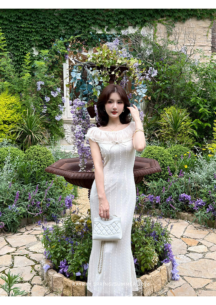 새싹 잘 생긴 달빛 소나타 프랑스식 부드러운 바람 오프숄더 드레스 여름 망사 수직 곡물 슬림해 보이는 롱 스커트