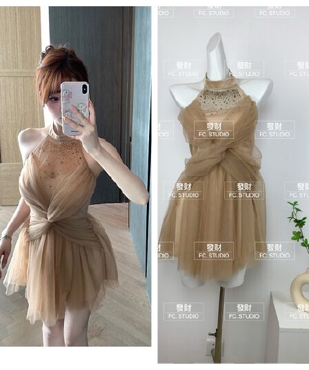 m900 행침 목 여성 드레스 2026 여름 새로운 샴페인 플래시 훈련 망사 허리 수축 슬림해 보이는 퍼프 스커트