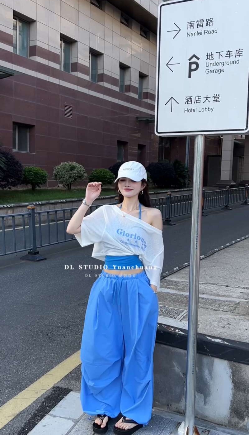 여름 새로운 순수한 욕망 바람 몸매 가꾸기 행침 목 캐미솔 보트넥 티셔츠 캐주얼 워크웨어 팬츠 3종 세트