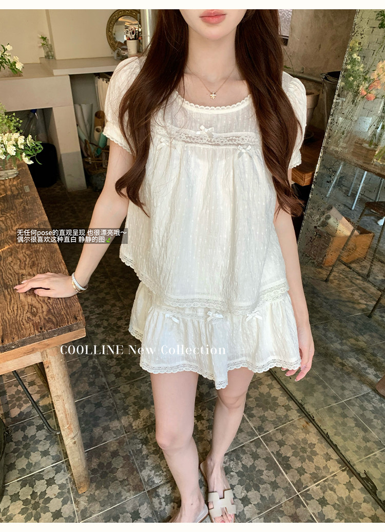 coolline 숲 희 맑은 주간 paris 산소 소녀 센스 화이트 도트 무늬 자수 세트 맨위 반 스커트