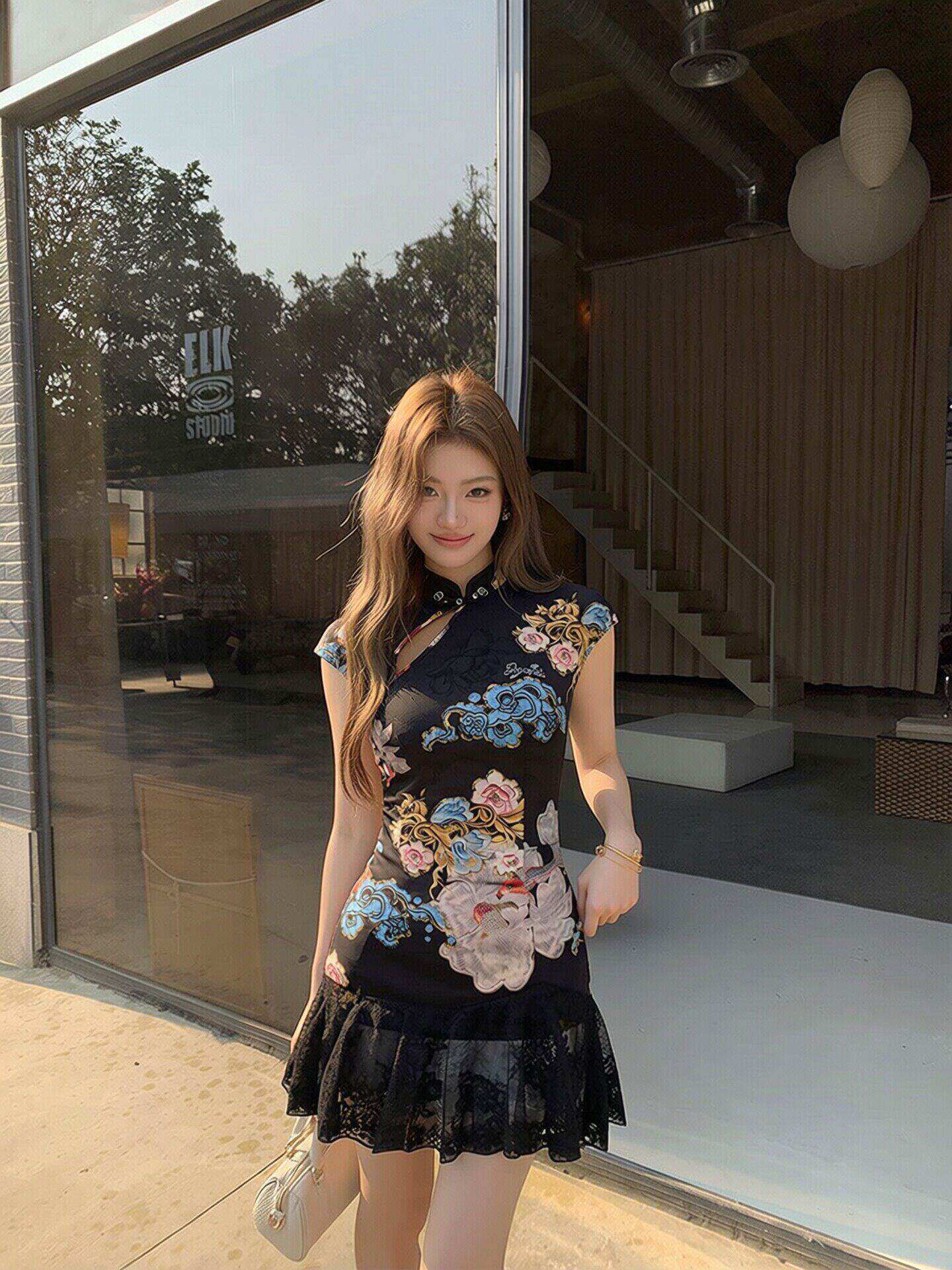 jyosei 캐릭터 공물 클래식 무거운 작업 새로운 중식 핫걸 치파오 레이스 치마 홀로우 아웃 스트랩 점프 슈트