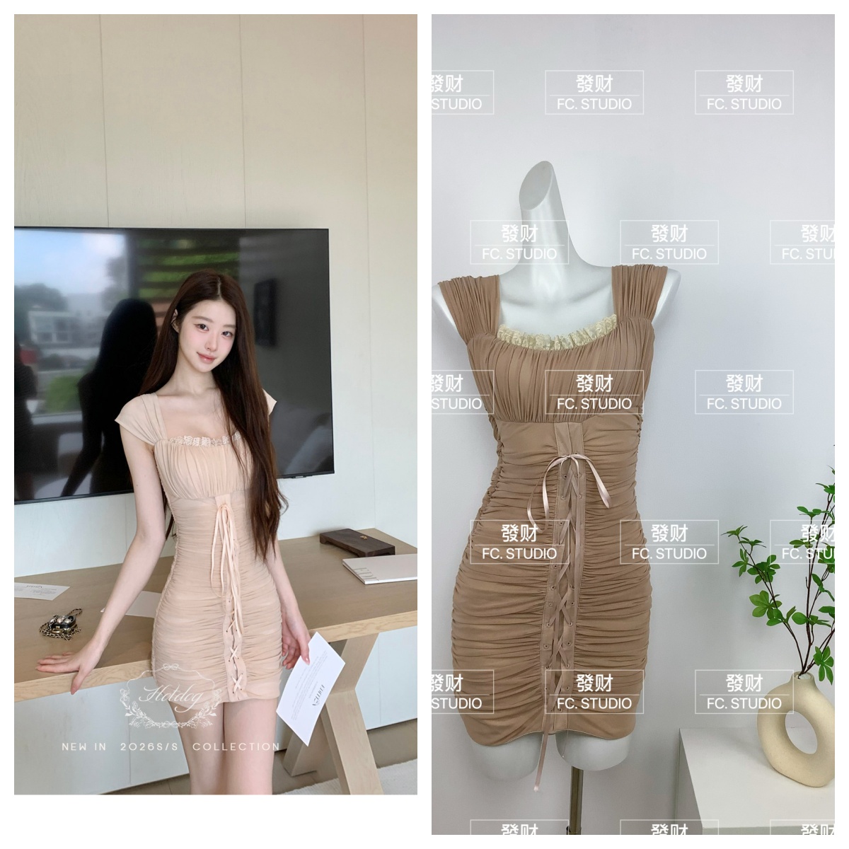 junstudio 리본 doll 주름 망사 스트랩 슬립 드레스 천 금빛 바람 몸매 가꾸기 타이트 스커트