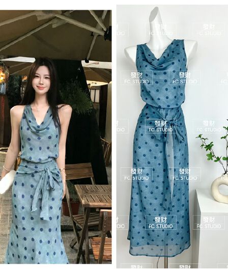 무쯔리 목자이 ~ 중 리 블루 웨이브 리플 그림자 프랑스식 V넥 도트 무늬 민소매 쉬폰 톱 도루 센스 슬림해 보이는 반 스커트 세트