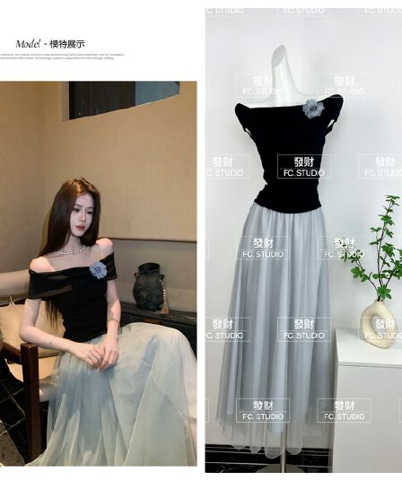무쯔리 목자이 Breeze 보이 면서 매월 꾸준히 디자인 센스 보트넥 민소매 펌프 Pleat 니트 맨위 망사 반 스커트 세트