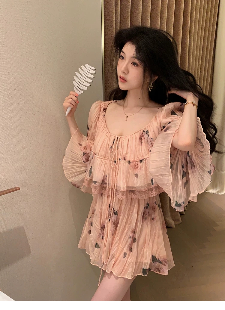 6.15 늦게 20 점 대 eees 나카지마 장미 프랑스식 중년 낭만주의 플리츠 꽃무늬 휴가 바람 세트