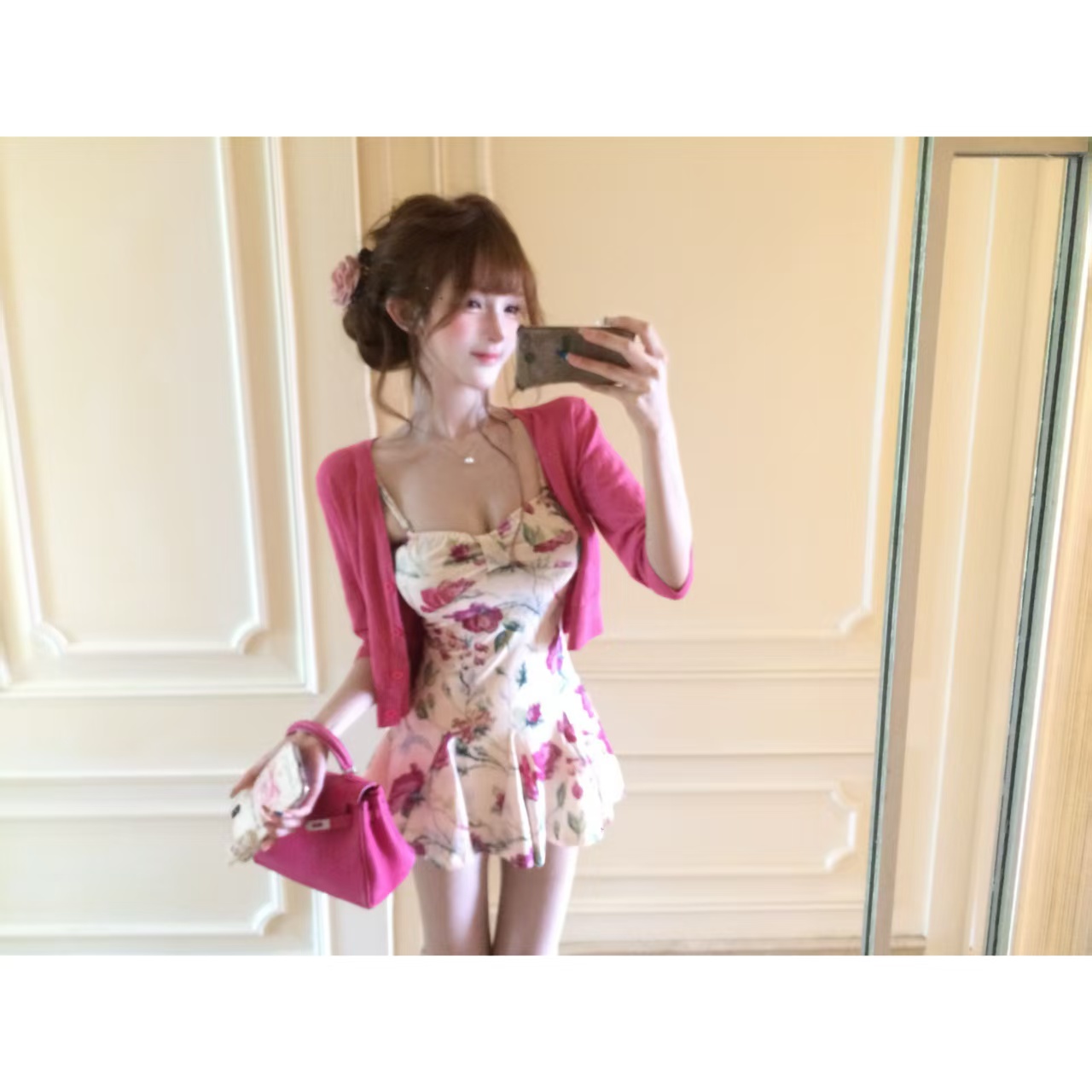 루이 茜 웨이 Sher S 낭만주의 꽃 집 여름 순수한 욕망 바람 작은 대중 전원 오픈 가디건 슬립 드레스